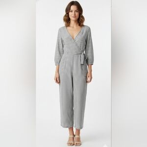 Old Navy Blue White Railroad Stripe Faux Wrap Cropped Wide Leg Jumpsuit Linen S